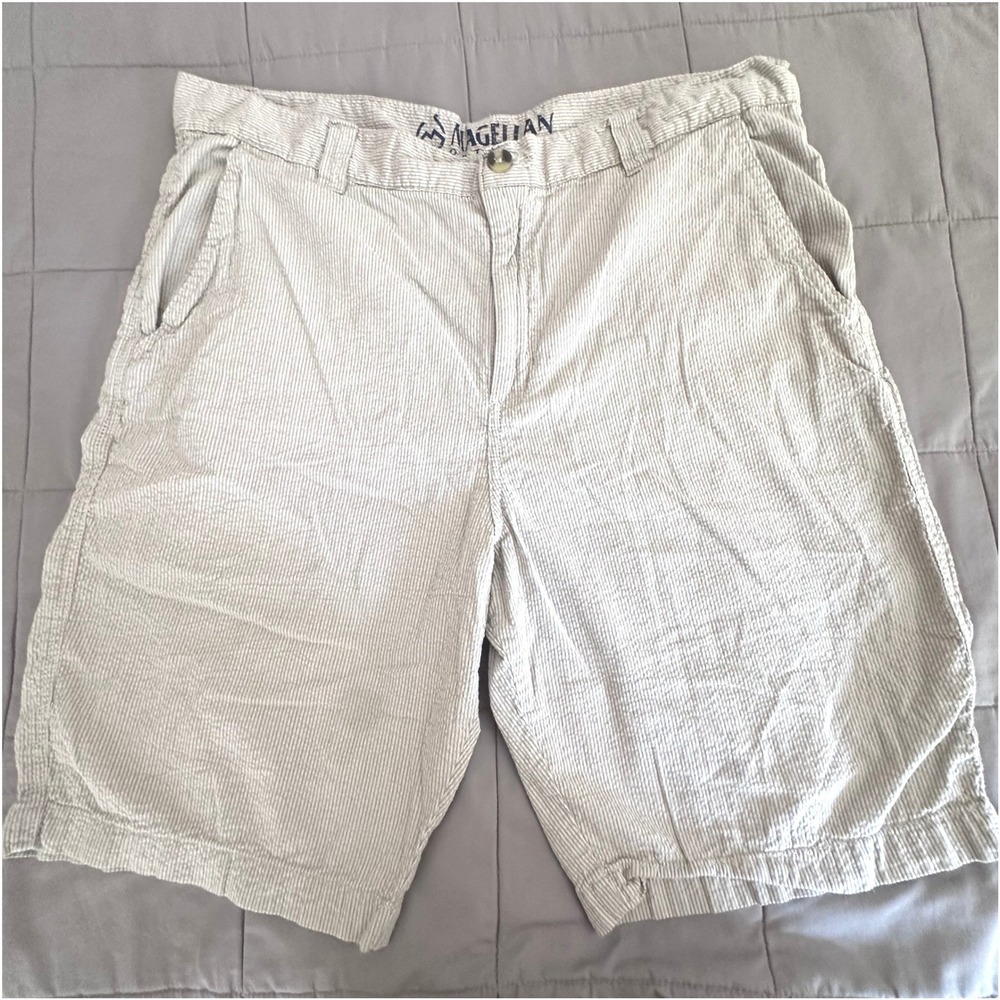 Magellan Outdoors Shorts Mens 34 Khaki White Stripe Cotton Fishing Casual Cool